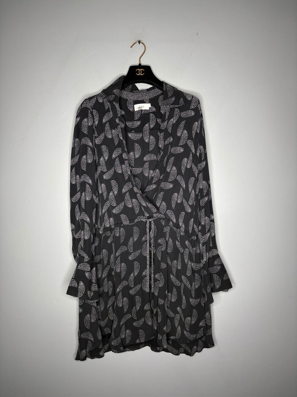 A.L.C. Black Printed Long Sleeve Ruffle Cuffed Drawstring Mini Dress Size 14